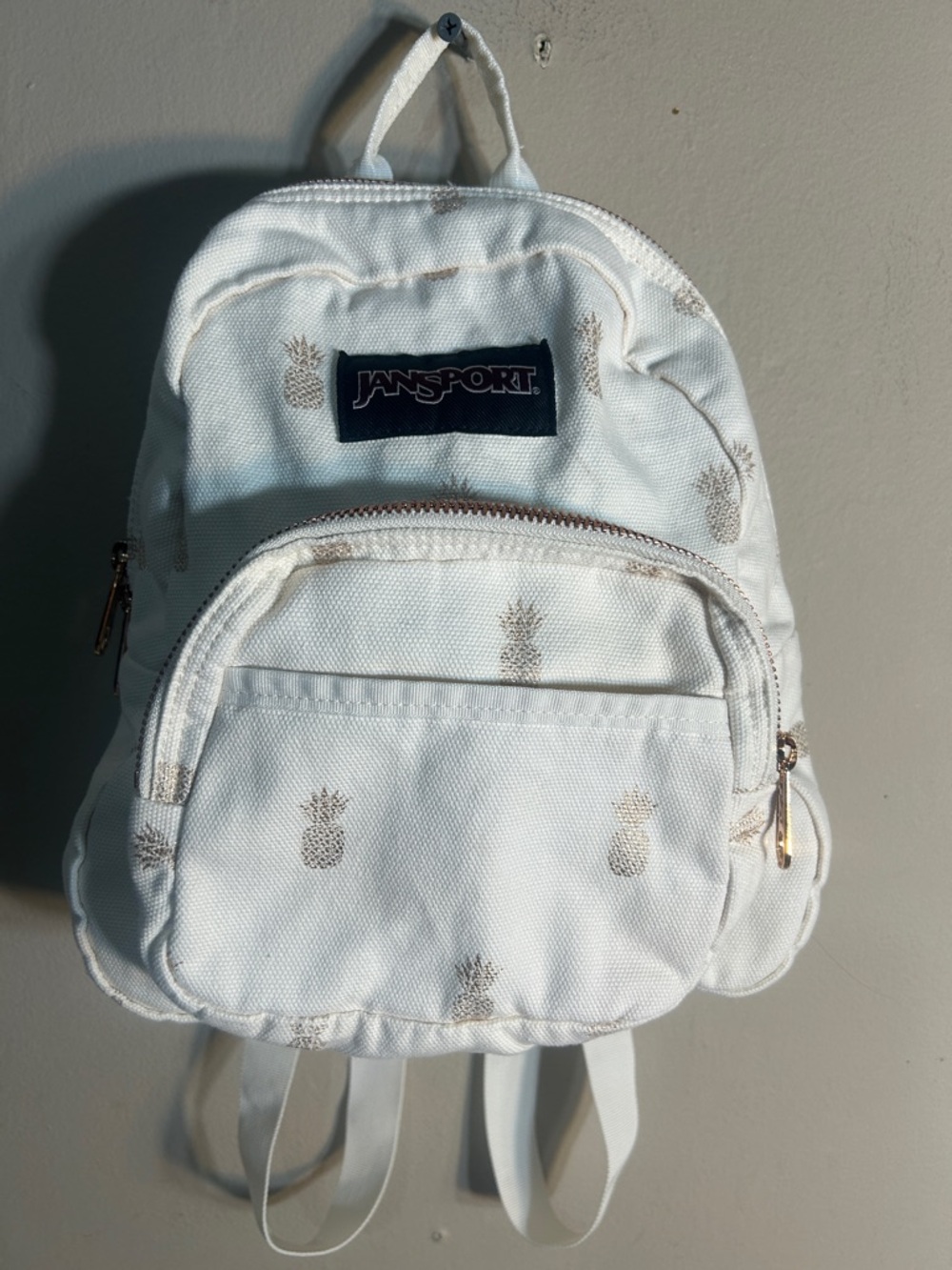 Jansport White Mini Backpack with Gold Pineapple Accents